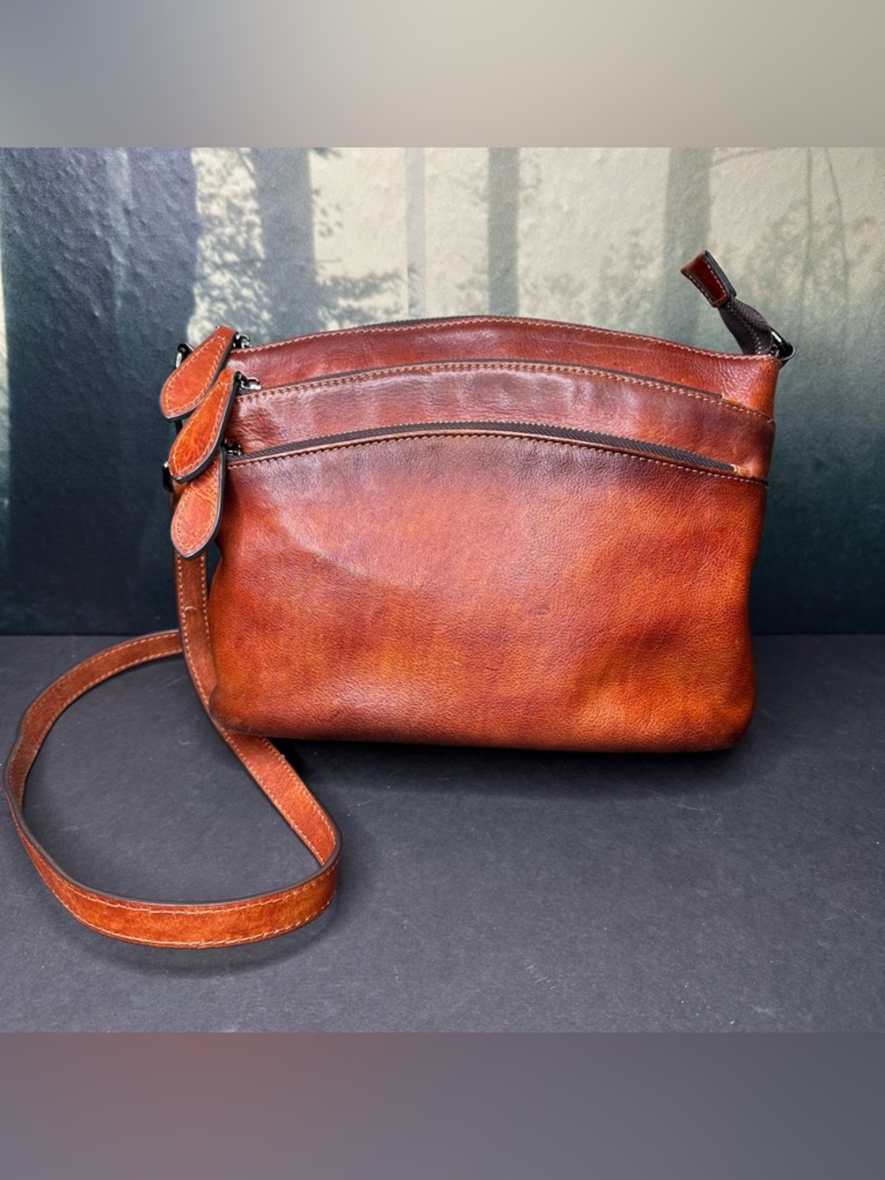 HESHE cognac leather crossbody purse